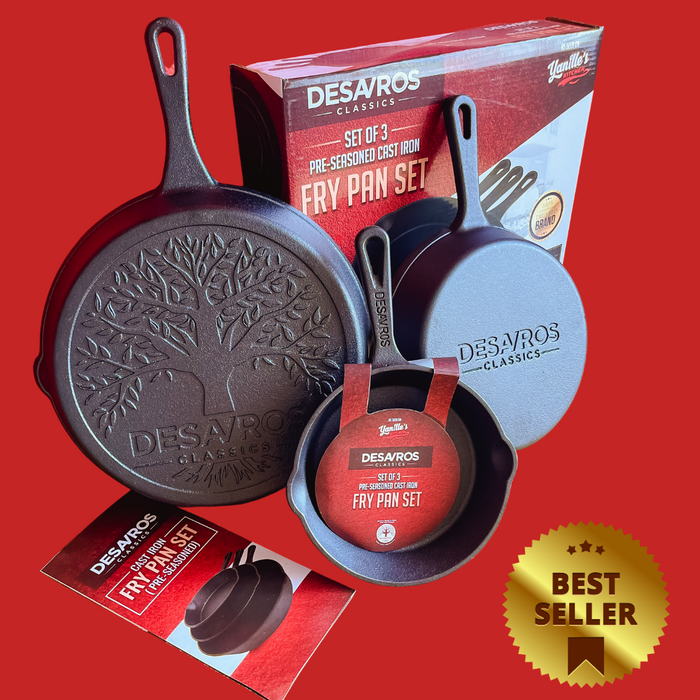 Desavros Classic Pre-Seasoned Cast Iron Pan - Set of 3